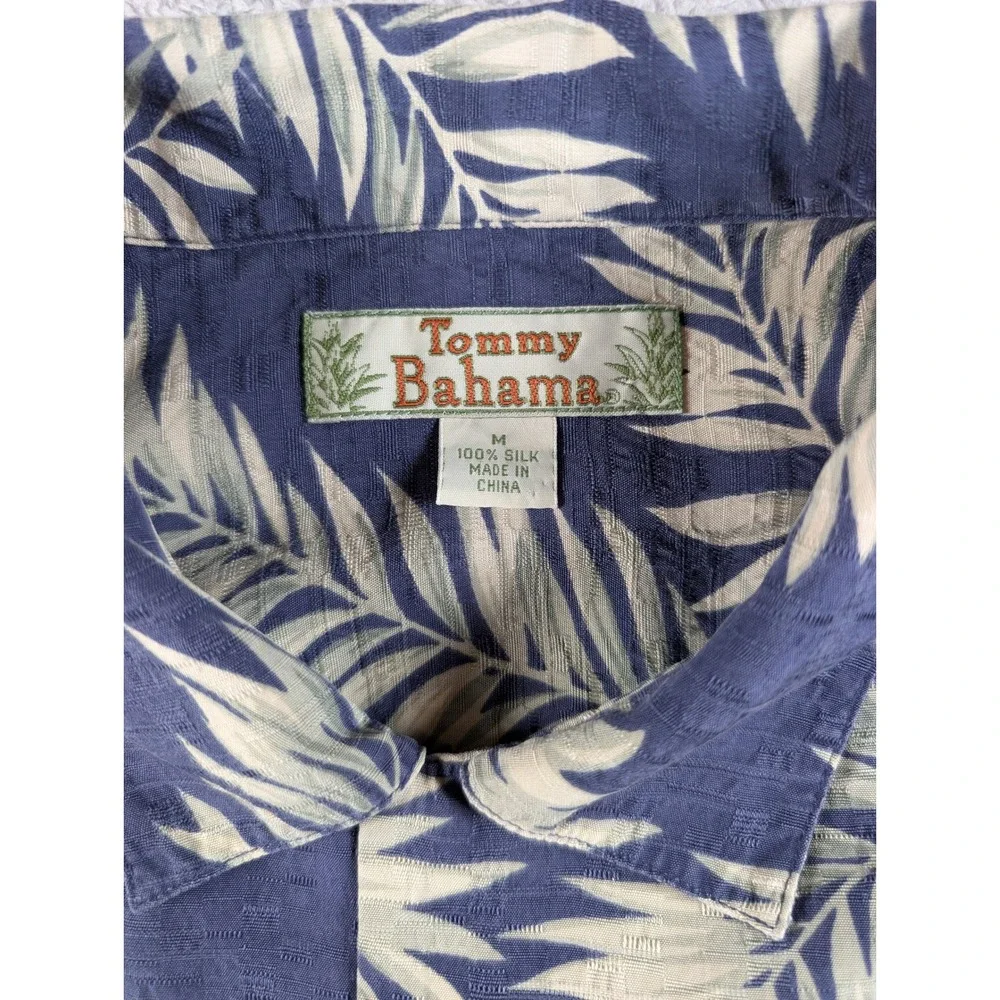 Tommy Bahama Mens Medium Blue Silk‎ Palm Leaf Print Short Sleeve Camp Shirt